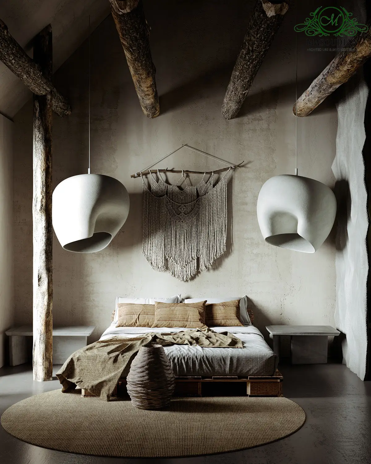 طراحی اتاق خواب با سقف تیر چوبی