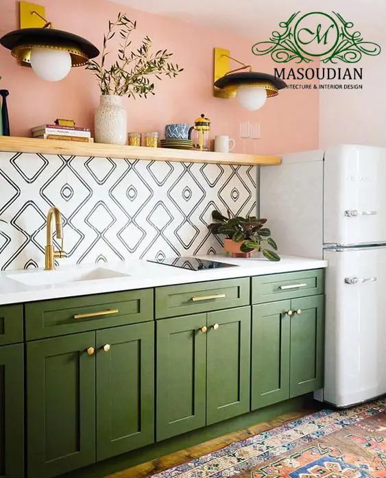 دکوراسیون آشپزخانه رنگ صورتی و زیتونی