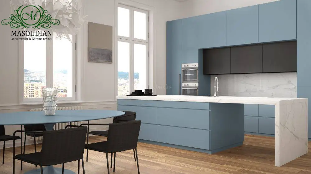 دکوراسیون آشپزخانه به رنگ آبی و مشکی
