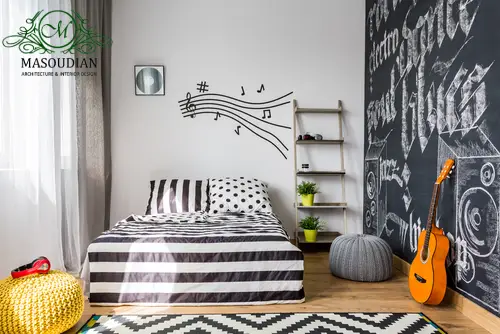 اگر پیوند خاصی با موسیقی دارید، این طرح را برای رنگ اتاق خواب انتخاب کنید