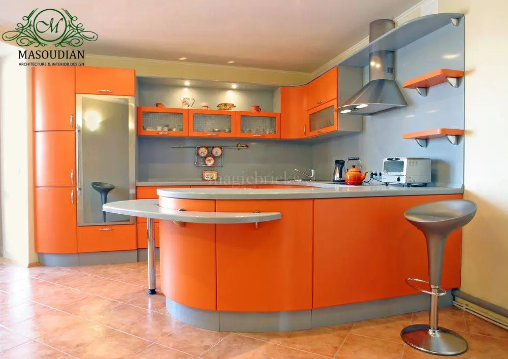 دکوراسیون آشپزخانه رنگ آبی و نارنجی