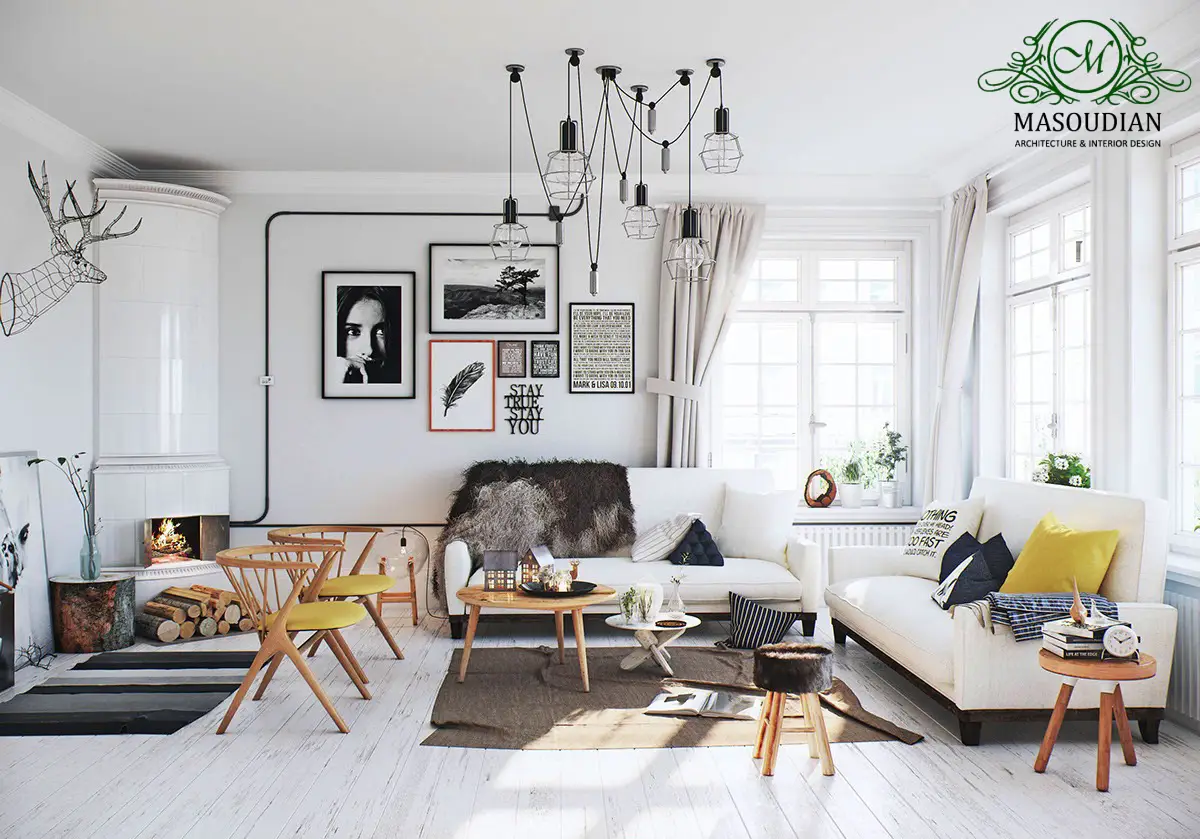 طراحی اسکاندیناوی اتاق نشیمن با مبلمان سفید