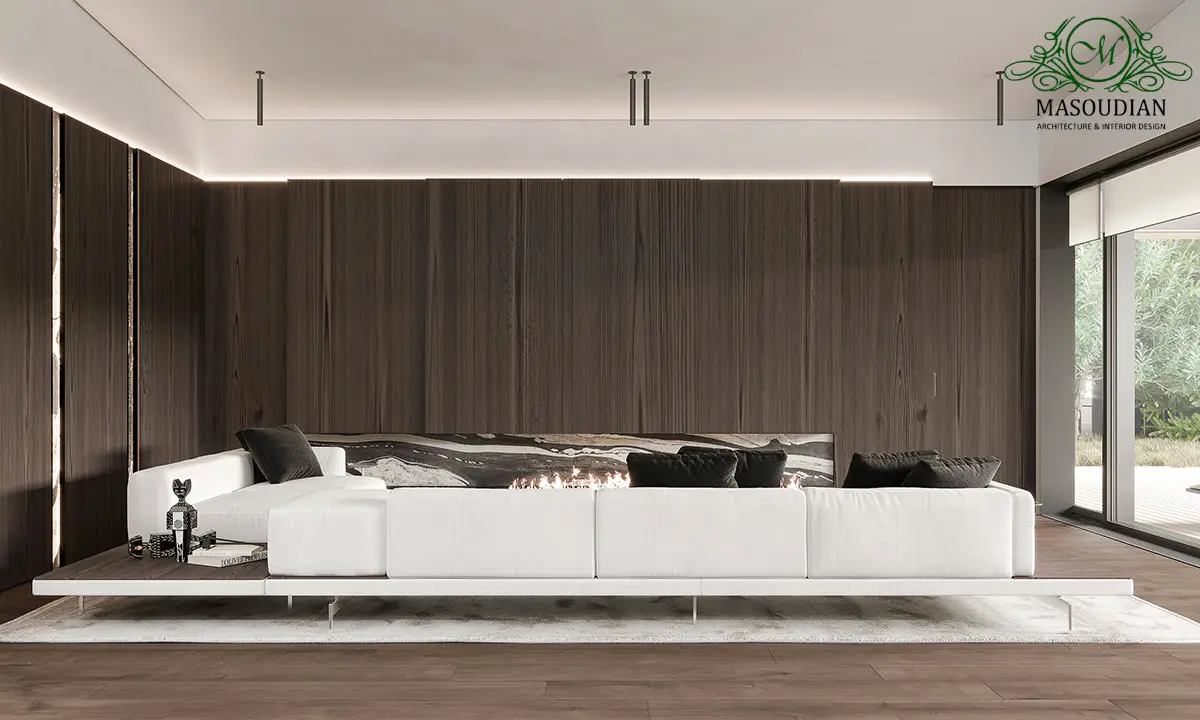 مبلمان سفید با دیواره های قهوه ای در اتاق پذیرایی